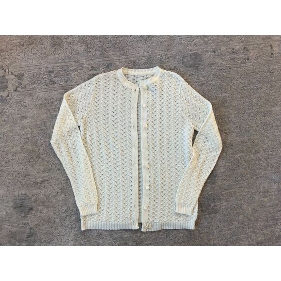 Vtg Cream Eyelet Knit Crew Cardigan - Picture 2 of 5